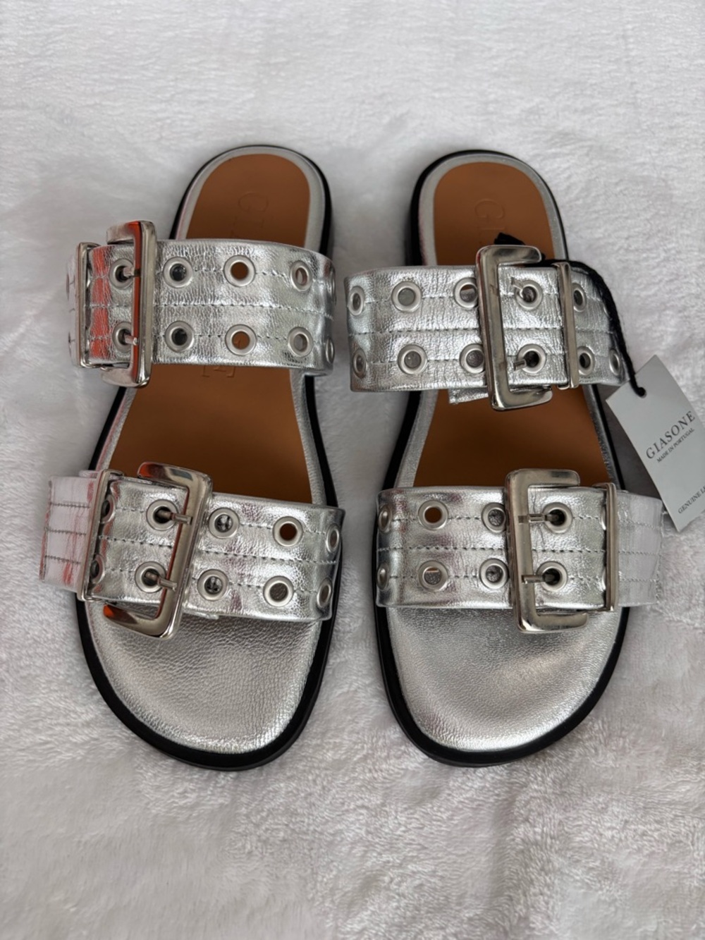 GIASONE Metallic Silver Buckle Two-Strap Flat Slide Sandal--NWT--7.5